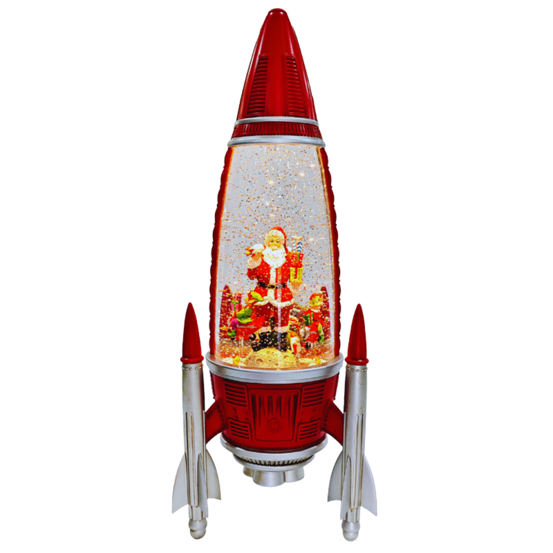 Glitter Swirl Musical Rocket with Spin Scene USB – festive rocket décor with glitter swirl, spinning scene, LED lights, and music.