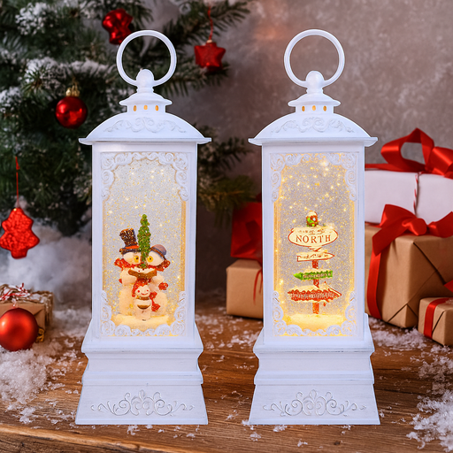 Glitter Swirl Musical White Tall Lantern USB Assorted – festive white lanterns with glitter swirl, LED lights, and music.