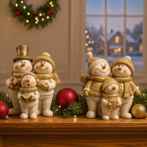 Assorted sets of three snowmen family figurines in gold outfits, perfect for Christmas décor