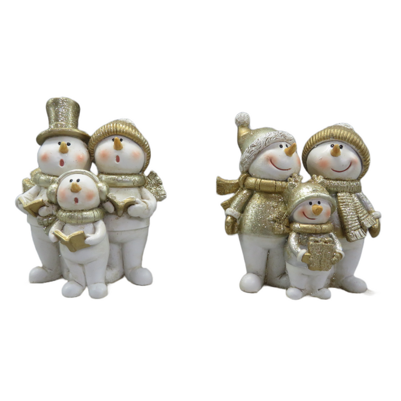 Assorted sets of three snowmen family figurines in gold outfits, perfect for Christmas décor