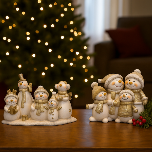 Assorted figurine sets of four snowmen family members dressed in gold, perfect for festive décor