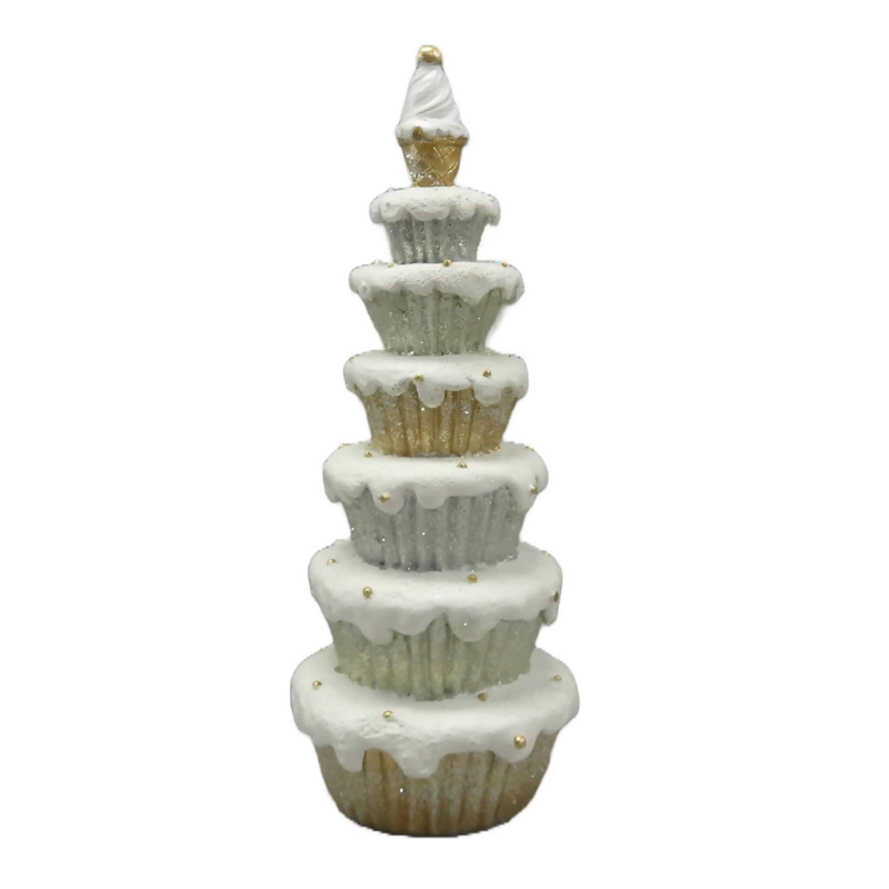 Gold Christmas tree decoration made of stacked cupcakes with glittery festive details