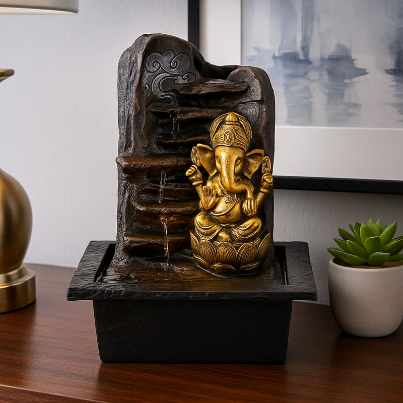 Gold Ganesh water fountain with LED light, 28cm spiritual home décor