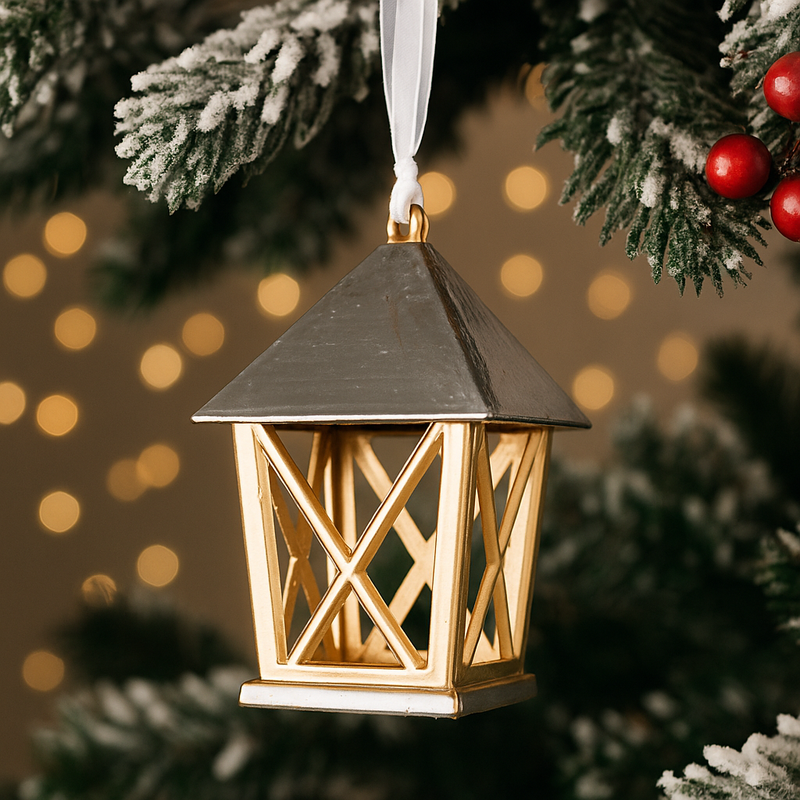 Mini gold Christmas lantern with silver detailing, 6.5x6.5x10cm festive table décor