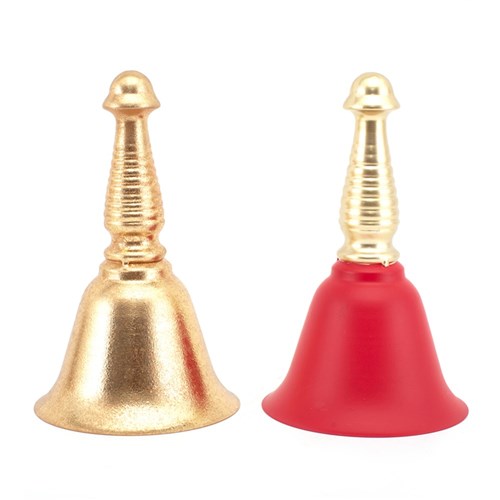 Gold and red metal Christmas hand bell 12.5x20cm assorted for festive decorations, parties and seasonal events