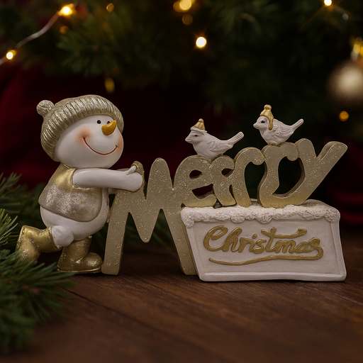 Gold snowman Christmas decoration holding “Merry Christmas” sign with glittery festive details