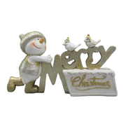 Gold snowman Christmas decoration holding “Merry Christmas” sign with glittery festive details – thumbnail