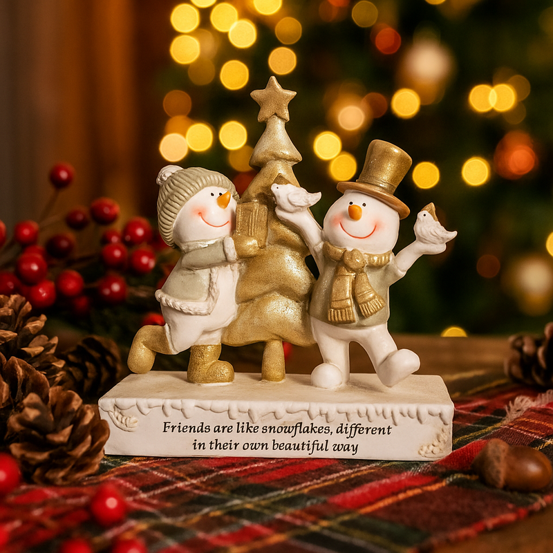 Gold snowmen friends statue with festive special message, perfect for Christmas table or mantel décor