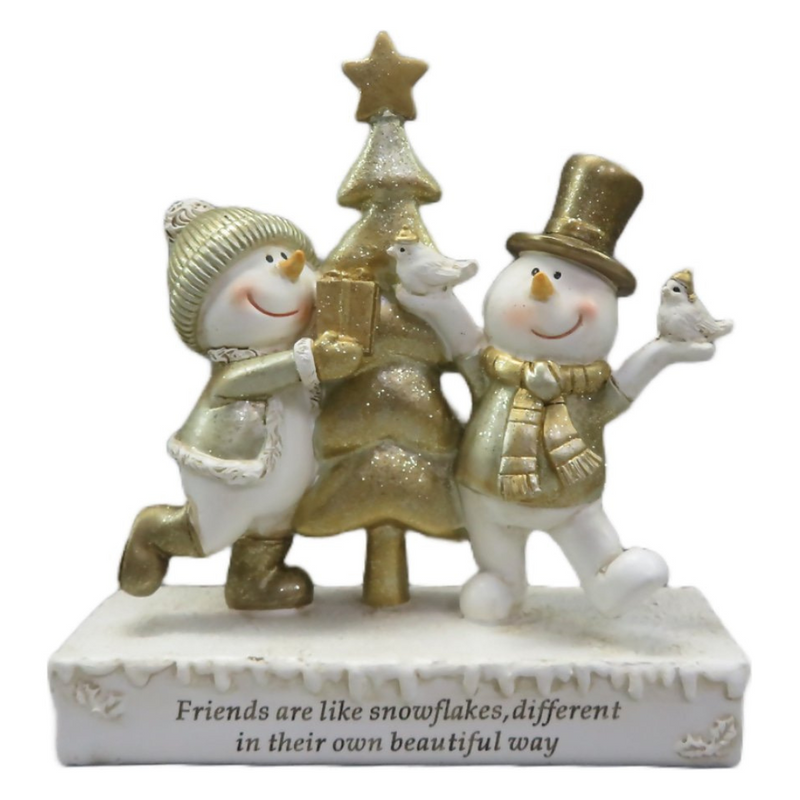 Gold snowmen friends statue with festive special message, perfect for Christmas table or mantel décor