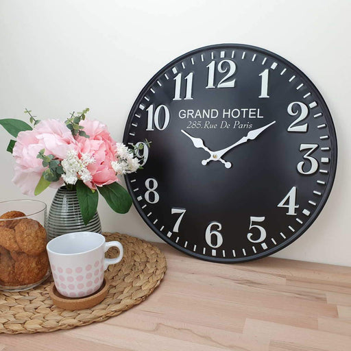 Ronis Grand Hotel Embossed Numbers Domed Metal Wall Clock 40x40x2cm Black