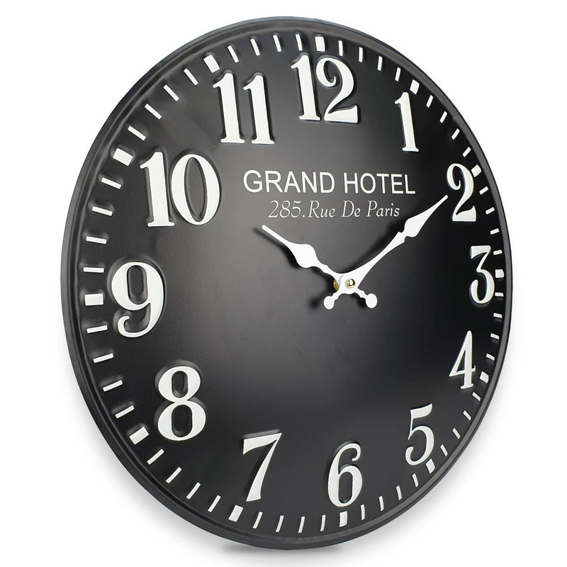 Ronis Grand Hotel Embossed Numbers Domed Metal Wall Clock 40x40x2cm Black