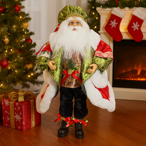45cm Standing Santa figurine with green hat and festive holiday outfit