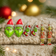 Assorted Green Monster Christmas earrings with sparkling diamante details – festive holiday accessory
