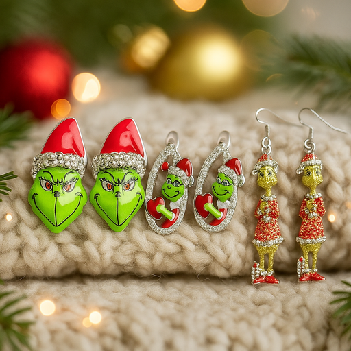 Assorted Green Monster Christmas earrings with sparkling diamante details – festive holiday accessory