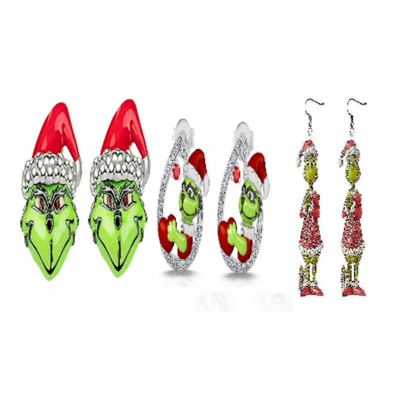 Assorted Green Monster Christmas earrings with sparkling diamante details – festive holiday accessory