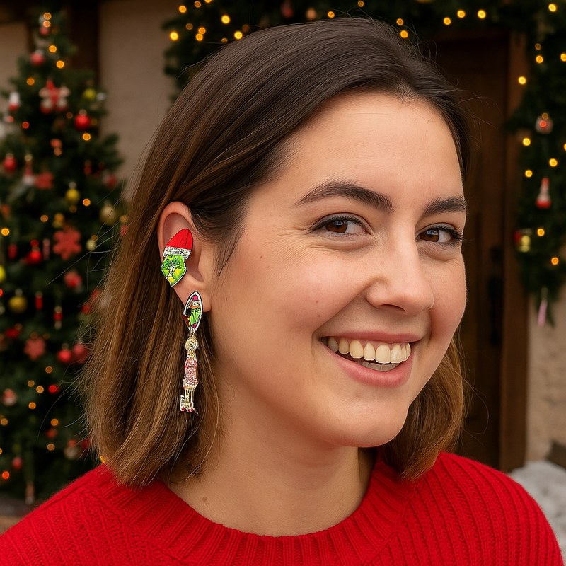 Assorted Green Monster Christmas earrings with sparkling diamante details – festive holiday accessory