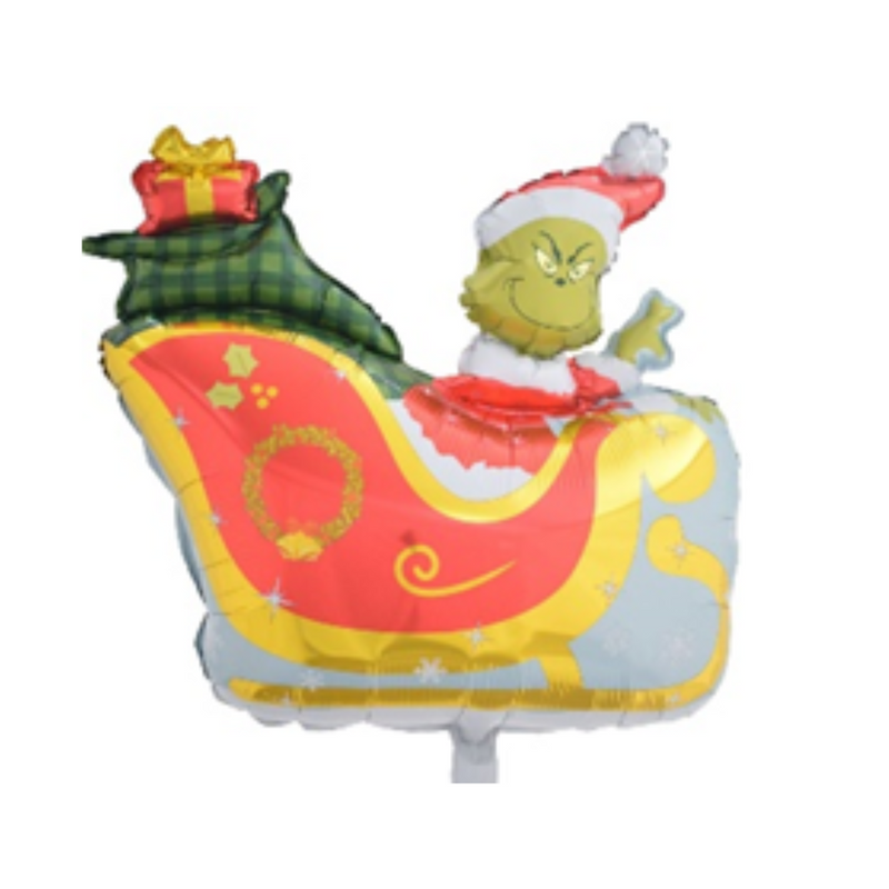 64x77cm Foil Balloon featuring a green monster in a sleigh filled with presents, perfect for fun Christmas party decorations.
