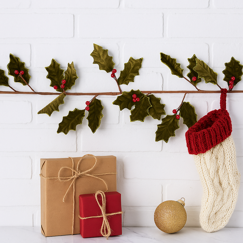 Green Velour Holly Berry Garland 180cm Christmas Decoration