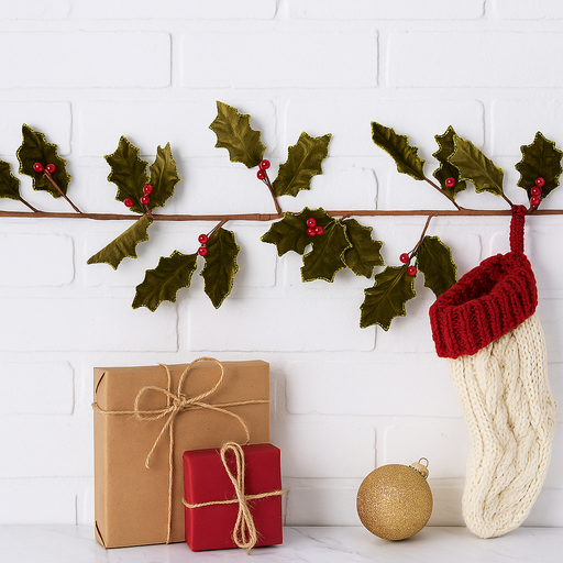 Green Velour Holly Berry Garland 180cm Christmas Decoration