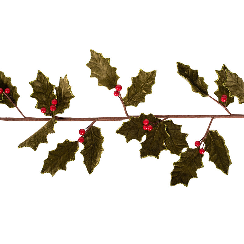 Green Velour Holly Berry Garland 180cm Christmas Decoration