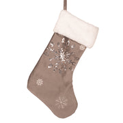 Grey velour Christmas stocking with silver sequins and white velour cuff festive décor