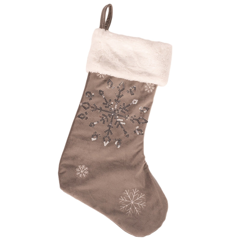 Grey velour Christmas stocking with silver sequins and white velour cuff festive décor