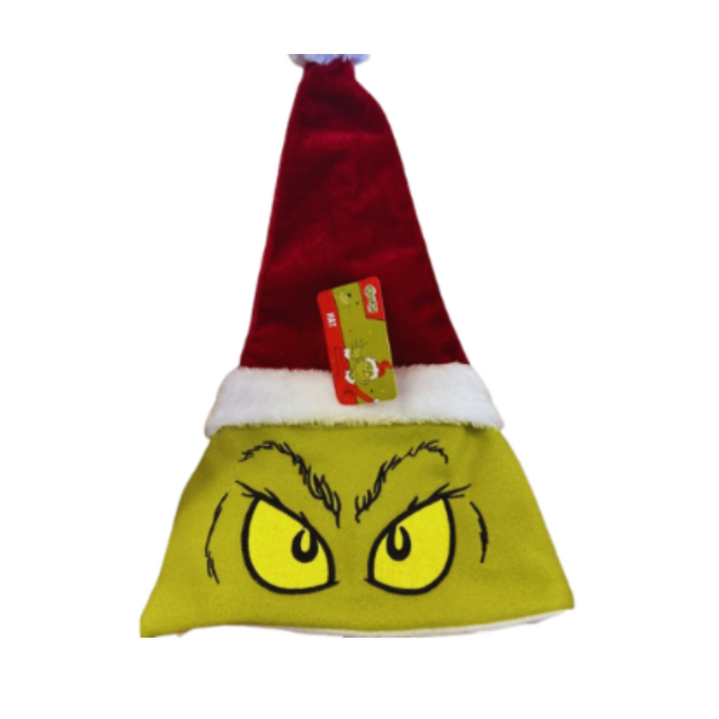 Grinch with oversized eyes wearing a Santa hat, festive holiday decoration or plush