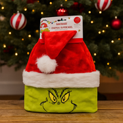 Dr. Seuss Grinch long plush Santa hat with embroidered face and extended red tail
