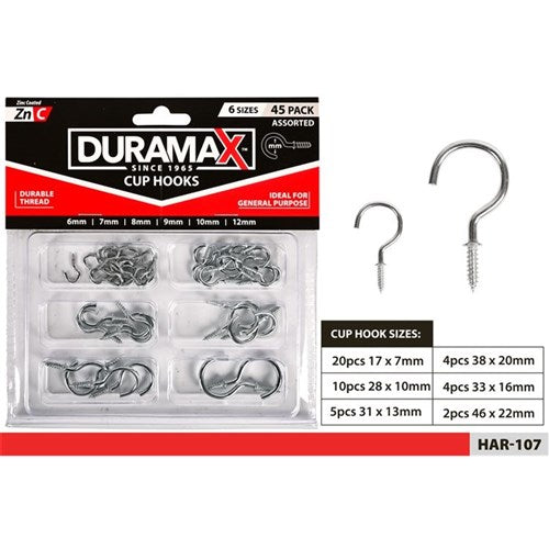 Silver cup hooks assorted sizes 45 piece set