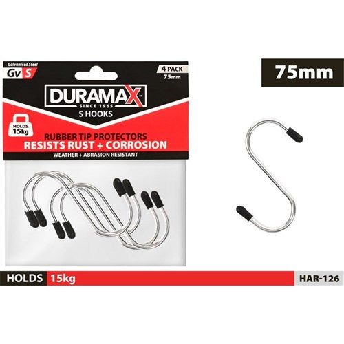 4 pack 75mm S hooks with rubber grip