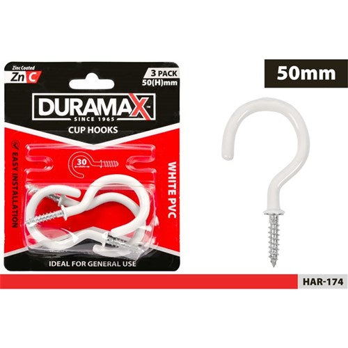 White PVC coated cup hooks 50mm three pack