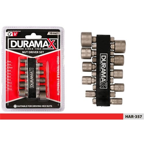 Ten piece power bit nut driver set