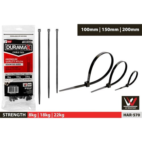 150 piece assorted black cable tie set