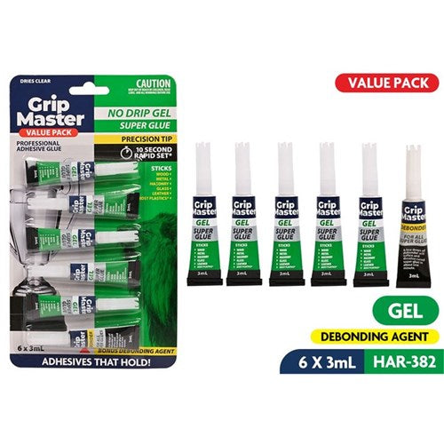 Pack of super glue gel tubes and debonder