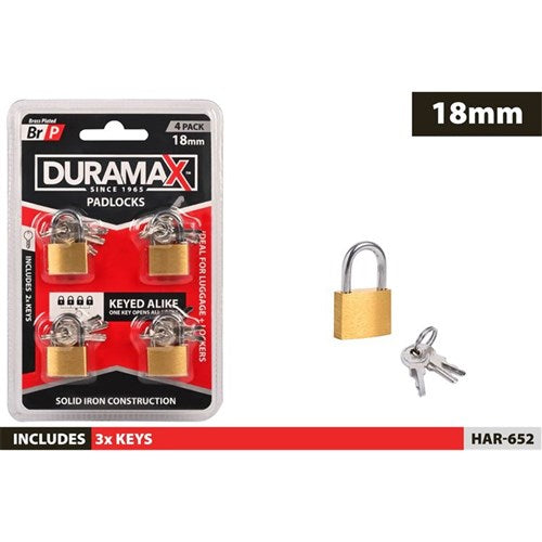 Four brass 18mm keyed alike padlocks