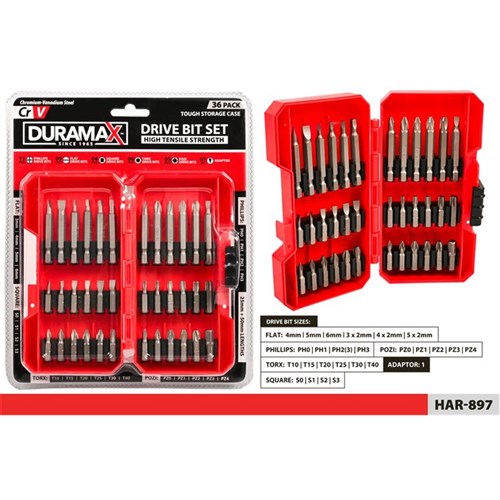 36 piece drill bit set in an organized case