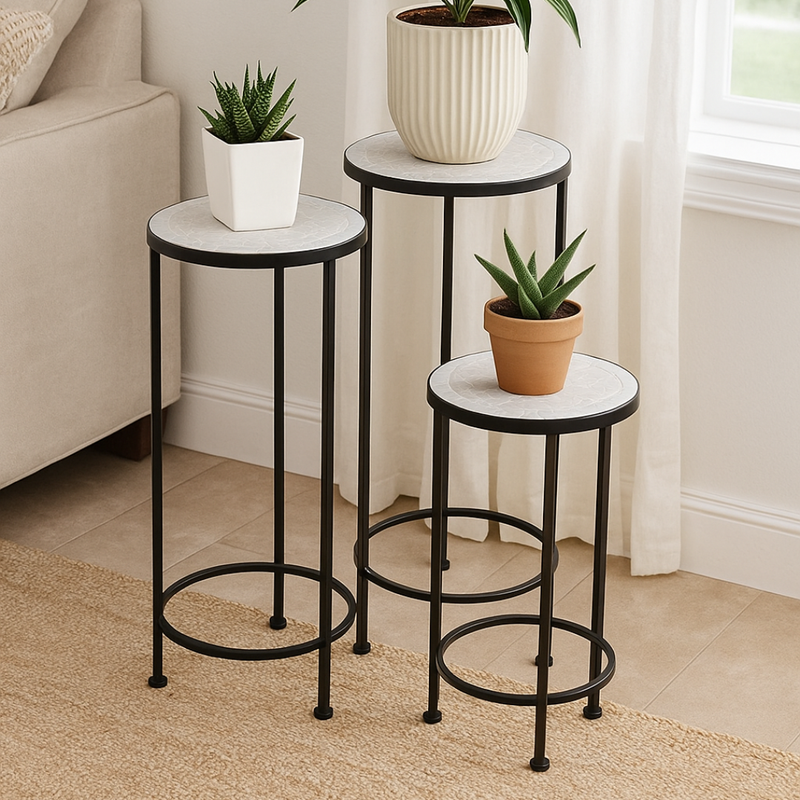 Round Mosaic Plant Stand Geometric Grey & White Pattern Set of 3