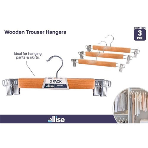 Wooden trouser hangers with clips 3 pack