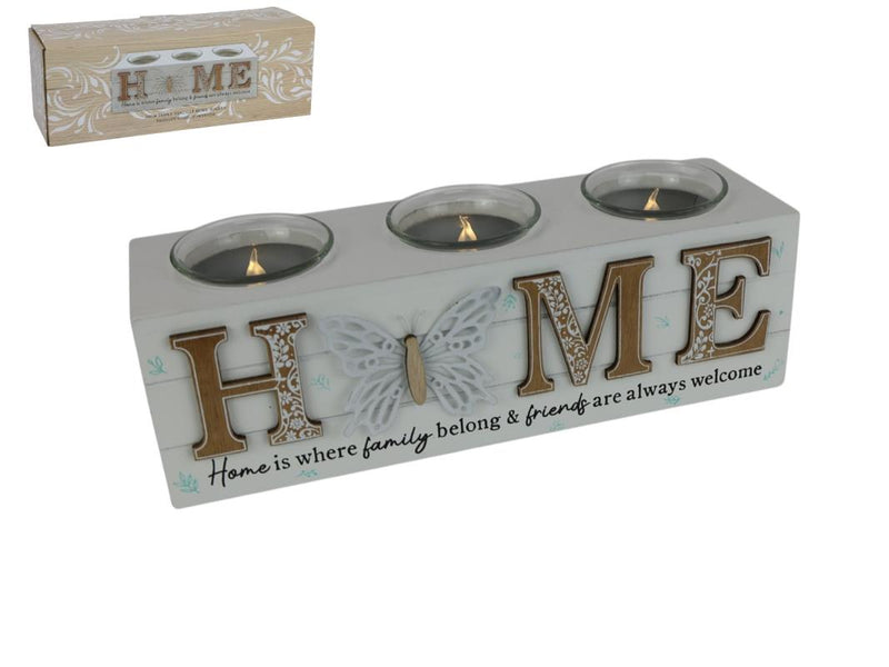 Triple tealight holder with Home text