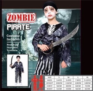 Zombie pirate costume with head scarf, shirt, belt, trousers
