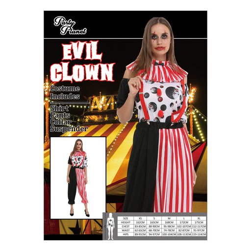 Women’s evil clown costume with shirt, pants, collar, suspenders