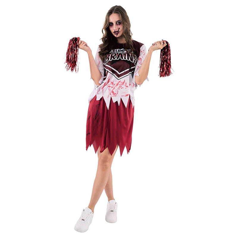 WOMAN ZOMBIE CHEER LEADER COSTUME-INCLUDING SHIRT, SKIRT, 2A SIZES MED & LRG