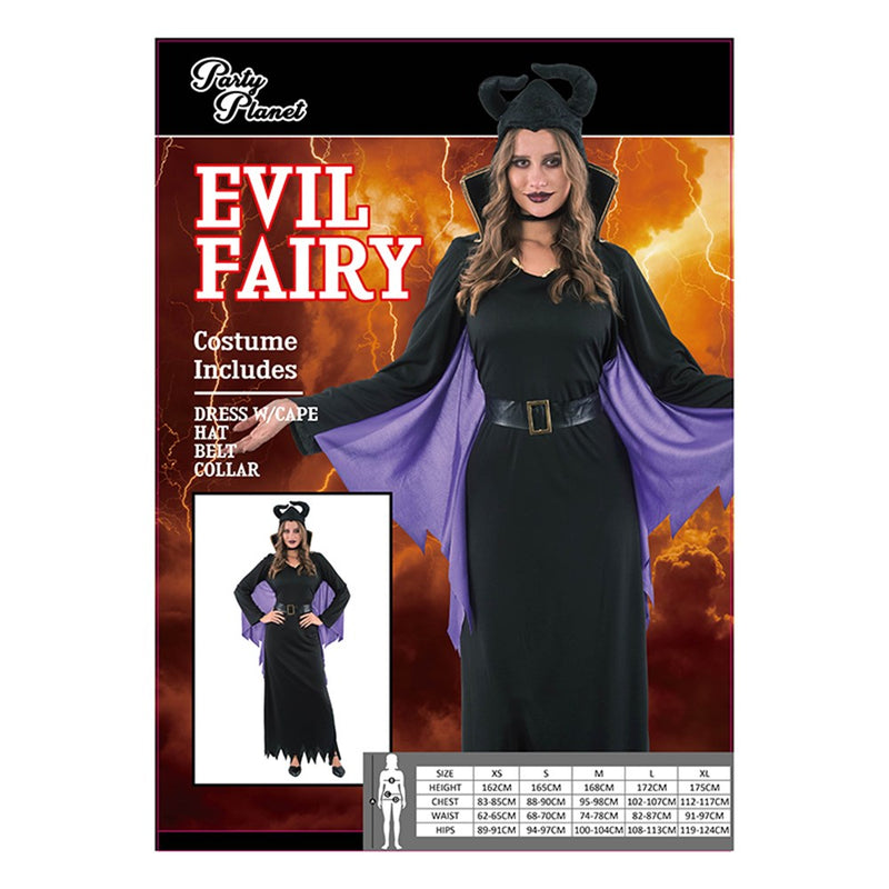 Women’s evil fairy costume set with dress, cape, hat, belt, collar
