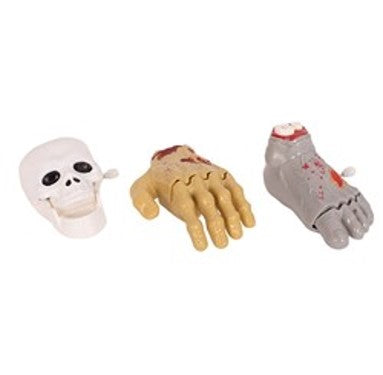 Wind-up novelty skull, foot, and hand, 7 cm assorted