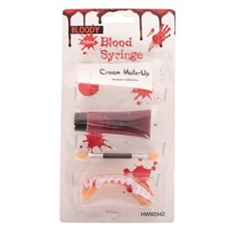 Vampire makeup kit with white paint, blood, fangs, brush