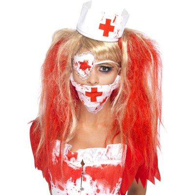 Bloody nurse costume accessory kit with headband, eye patch, mask