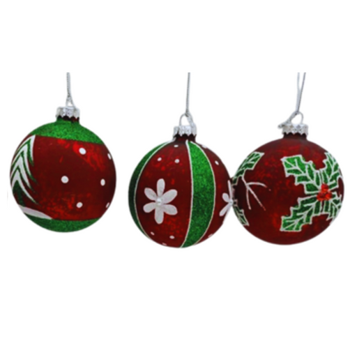 Ronis Hand-Painted Glitter Glass Bauble 8cm Red and Green Assorted