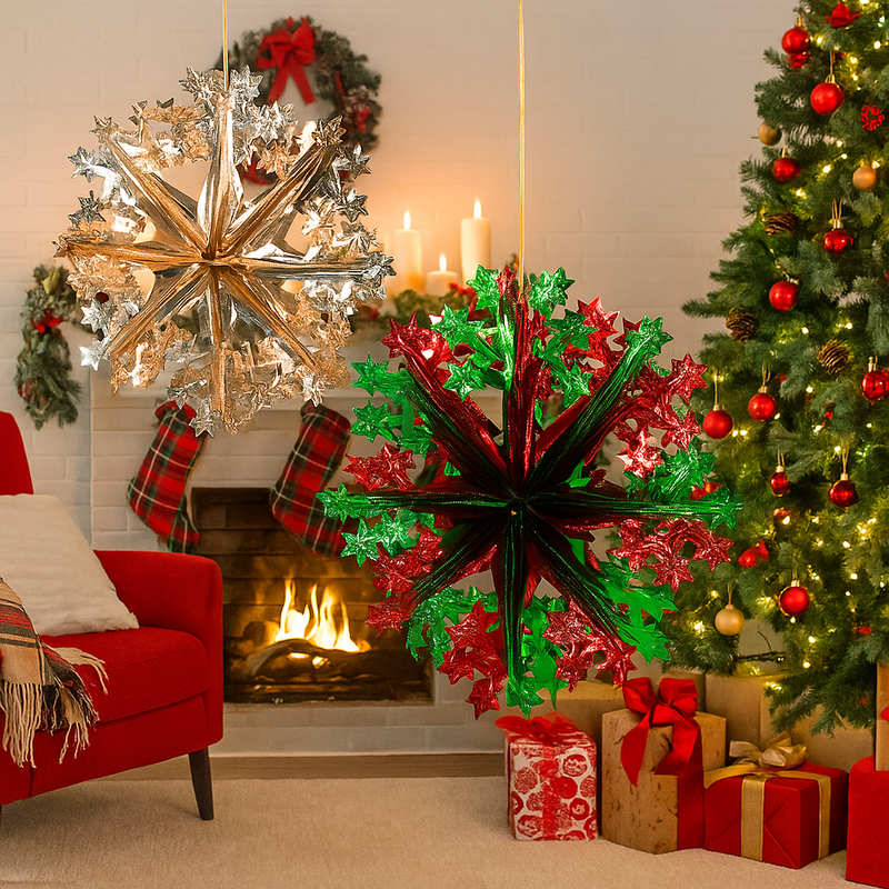 40cm Assorted Hanging Foil Snowflake Decorations in shiny festive colors, ideal for Christmas parties and winter-themed decorations.