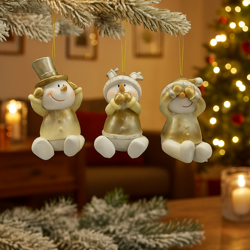 Assorted 24cm hanging gold snowman ornaments with glittery festive details for Christmas décor