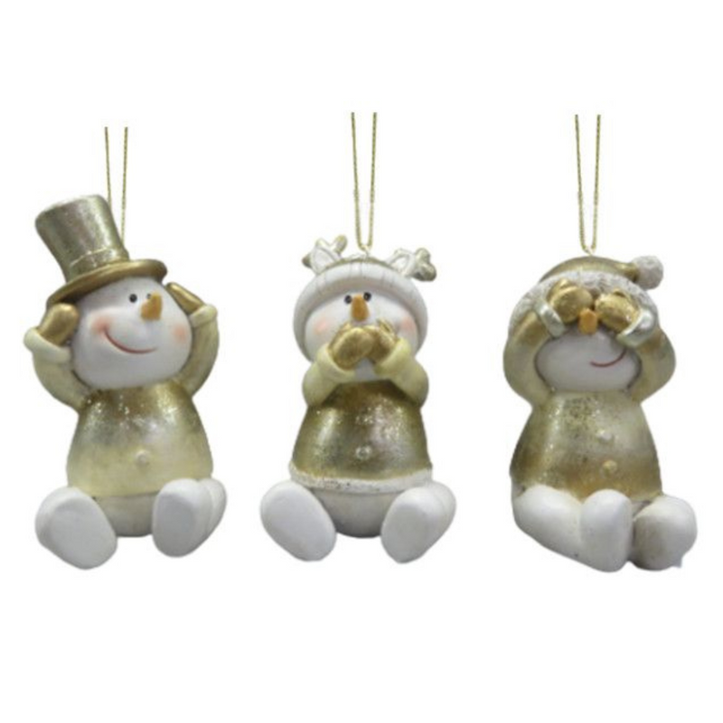 Assorted 24cm hanging gold snowman ornaments with glittery festive details for Christmas décor